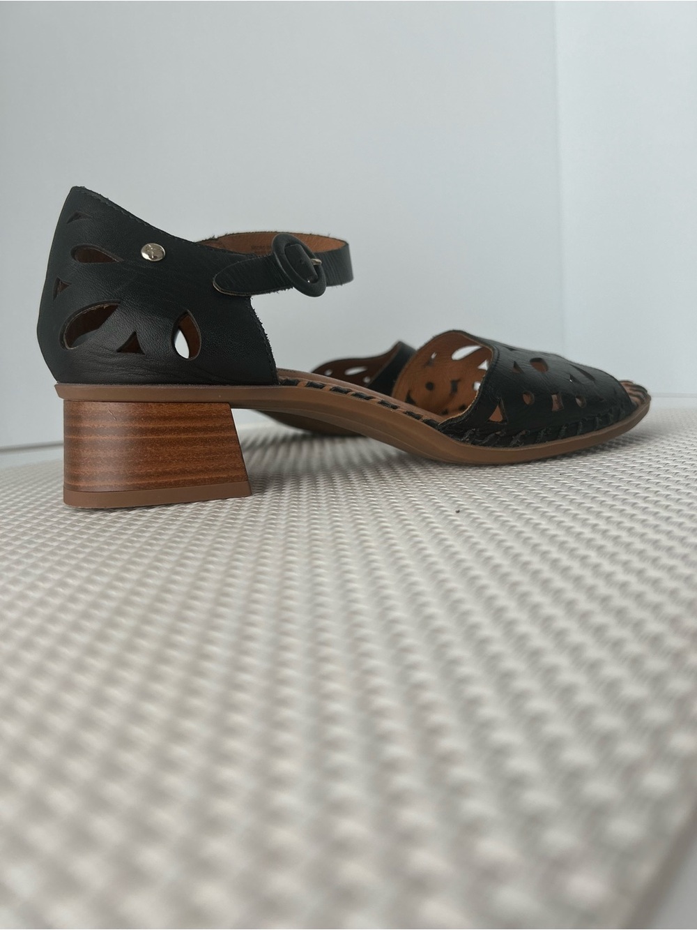 Pikolinos Black Leather Laser-Cut Block Heel Sandal 38